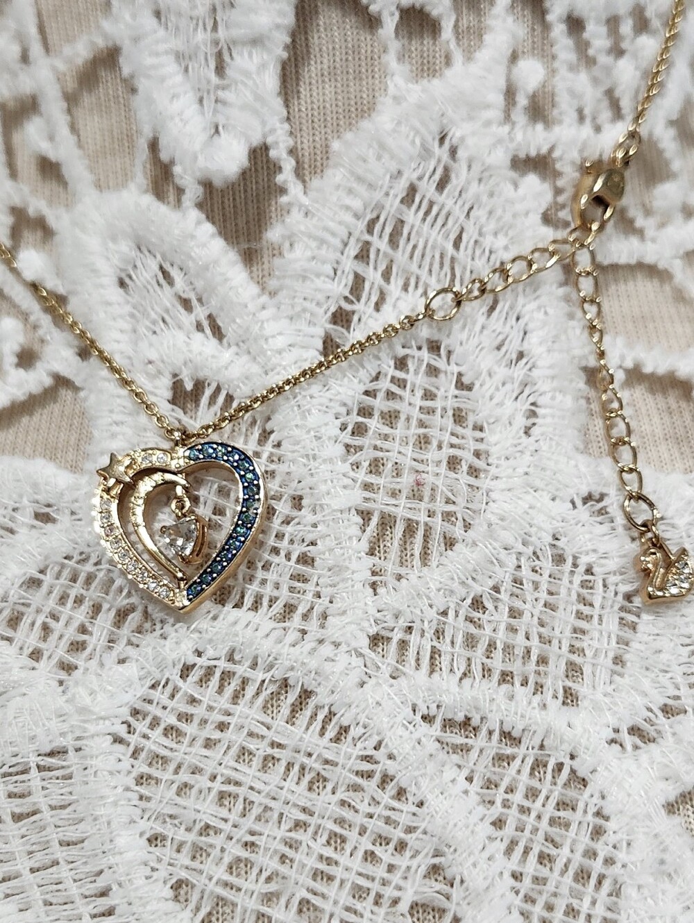 Swarovski Gold Heart Star Pendant Necklace with Blue and Clear Stones